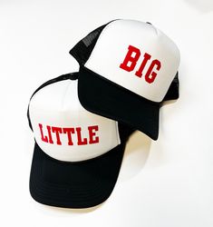 One order includes Two hats. (1) that reads "BIG" and (1) that reads "LITTLE" Puff text that creates a cloud-like dimension with a frosted, matte finish! UNDER NOTES, PLEASE INCLUDE WHICH FONT AND THE COLOR YOU WOULD LIKE TO ADD TO YOUR HAT *Please add a note if you would like the text to be curved or wavy. Otherwise, the text will be straight across We love custom orders!! Contact us for more information!  Additional charges may apply We do our best to represent all colors accurately, but there Big Little Reveal, Hat Ideas, Bid Day, Greek Life, Big Little, Trucker Hats, Sorority, Trucker Cap, Custom Orders