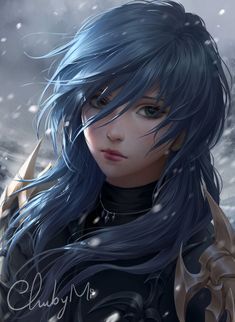 a woman with blue hair standing in the snow