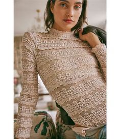 Free People Angelina Semi Sheer Textured Mock Neck Long Sleeve Bodysuit | Dillard's Elegant High Neck Stretch Mesh Top, Chic Beige Bodysuit For Fall, Chic Fitted High Neck Mesh Top, Chic High Neck Mesh Top For Summer, Elegant Stretch Bodysuit With Lace Top, Chic Lace Top Bodysuit For Party, Chic Party Bodysuit With Lace Top, Elegant Spring Bodysuit With Sheer Sleeves, Feminine Fitted Long Sleeve Bodysuit