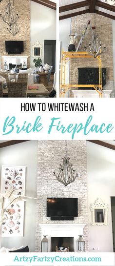 the fireplace is decorated with whitewash and brick