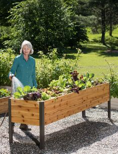 an older woman standing next to a wooden garden box filled with plants and vegetables in it