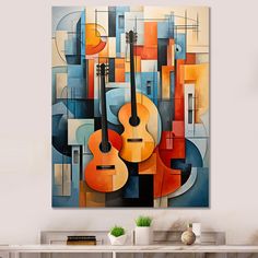 an abstract painting with guitars on the wall