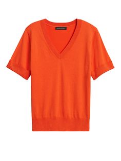 Stretch-Cotton Short-Sleeve Sweater | Banana Republic Relaxed Fit Knit Tops For Work, Classic Cotton Knit Top With Relaxed Fit, Classic Orange Tops For Spring, Classic Orange Tops For Fall, Classic Orange Top For Fall, Workwear Orange Top With Relaxed Fit, Orange Relaxed Fit Top For Work, Classic Fitted Cotton Knit Top, Fitted Orange Tops For Work