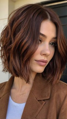 Why Should You Try Honey Lob Fall Hair Color This Fall? Discover the Benefits! 🍁 Autumn Fall Hair Colors, Hair Color Ideas For Brunettes Short Bob, Chestnut Brown Hair Short, Fall Lob Hair Color, Dark Autumn Color Season, Bob Auburn Hair, Autumn Bob Hair, Chestnut Brown Short Hair, Short Hair For Fall