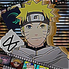 an anime character with many different avatars on his face and in the background, there is