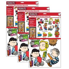 three peanuts stickers are shown on the front and back of each one, with different characters