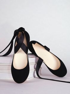 "Black soft nubuck ballet flats with long satin ribbons to tie around your ankle. This stunning pair follows the guidelines of our classic, minimal urban ballerina style. * Our Swan style (one piece upper parts) are Narrow fit & run smaller, so please, do size up (only in our Swan style ballet flats, our classic style - two piece design - are standard fit!) * The design is super flattering on all feet shapes and sizes * Luxurious chrome free leather lining with true leather soles (3mm) & anti sl Blue Ballet Flats, Lace Up Ballet Flats, Black Leather Ballet Flats, Black Ballerina, Ballerina Style, Black Ballet, Satin Ribbons, Pointe Shoes, Buy Shoes Online