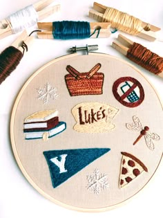 embroidery kit with various items displayed on white surface