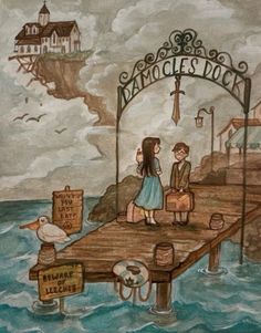 a painting of two children standing on a dock