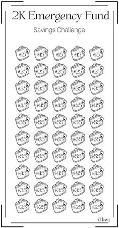 Start your 2K challenge for your emergency fund! Save the dollar amount with each icon, cash stuff and color in to track your progress. Once completed you will have saved $2000! Yay!! If needed, this challenge can be modified to fit your budget. Do this challenge at your own pace. If you're unable to save the whole amount save what you can. Whatever you're able to save will be just as great!  Printing Information: *Digital Download *This is printed on 8.5 x 11 US letter size paper  *Once printed Money Saving Challenge Low Income, Saving Methods, Savings Plans, Minimalism Challenge, Boss Moves, Savings Chart, Budget Challenge