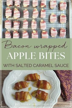 bacon wrapped apple bites with salted caramel sauce on a white plate next to an oven rack