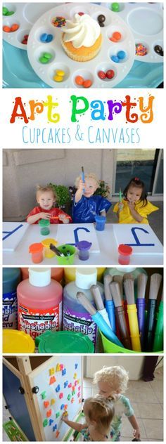 kids playing with cupcakes and canvases at an art party