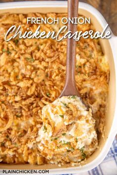 french onion chicken casserole in a white dish with a wooden spoon and text overlay