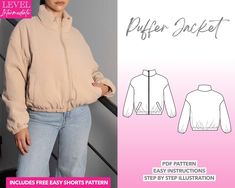 a women's jacket sewing pattern with the text, puffer jacket for easy instructions