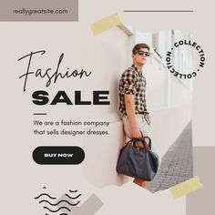 a man standing against a wall with a handbag in his right hand and the words fashion sale written on it