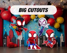 three cartoon characters are standing in front of a backdrop with red, white and blue balloons