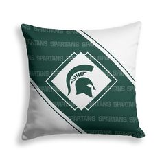 the michigan state rams throw pillow is shown in green and white with an image of a spartan