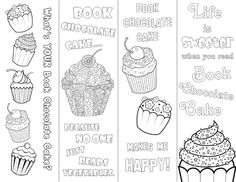 coloring bookmarks with different cupcakes and words on the pages, one for each