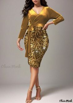 Olivia Mark - Ling Long Sleeve Sparkling Sequin Belted Package Dress, Midi Formal Dress Gold Long Sleeve Dress For Winter, Gold Long Sleeve Winter Dress, Gold Cocktail Dress For Winter, Fitted Gold Midi Dress For Fall, Gold Long Sleeve Midi Dress For Spring, Spring Long Sleeve Gold Midi Dress, Gold Long Sleeve Dress For Date Night, Gold Midi Length Dress For Fall, Gold Dress For Winter Date Night