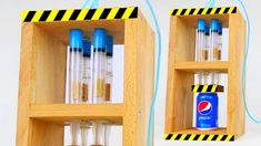 two wooden shelves filled with test tubes on top of each other and one holding a blue can