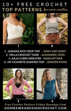 four different types of crochet top patterns with text overlay that reads, 10 free crochet top patterns for women