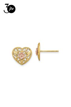 14K yellow gold and 14K rose gold polished and textured floral in heart stud earrings. Measure approximately 3/8" L x 1/2"W and have post and push back closure. Heart Stud Earrings, Heart Studs, Gold Polish, Heart Earrings Studs, Yellow Gold, Stud Earrings, Rose Gold, Texture, Yellow