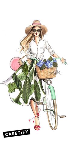 a watercolor painting of a woman riding a bike with flowers in the basket on it