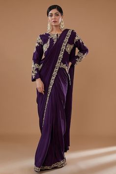 Purple pre-draped saree with zari embroidered floral vine motifs embellished by sequins. Comes with zari floral embroidered blouse highlighted by cut-out hem. - Aza Fashions Draped Saree, Indian Flowers, Drape Saree, Ethnic Outfits, Lehenga Saree, Blouse For Women, Floral Vine, Saree With Blouse, Embroidered Blouse