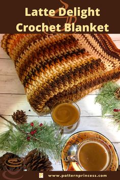 a crocheted dishcloth and cup of coffee on a table with pine cones