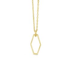 This minimal take on an "open" elongated hexagon shape makes a beautiful everyday necklace. With sharp angles and flat surfaces this simple pendant stands out. Crystalyn designed the "Open" Collection as a reminder to keep an open mind to new ideas, opinions and opportunities. She's found that being open can lead you just where you want to go but in ways you never imagined. Hexagon Necklace, Heart Women, Everyday Necklace, Fine Jewelry Designers, Hexagon Shape, Modern Pendant, Gold Design, Gold Charm, Jewelry Branding