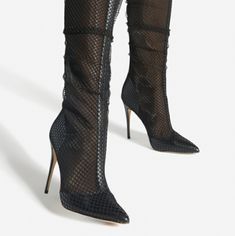 A Mesh Stiletto Boot With A Pointed Toe And Zip Closure. Material: Faux-Leather Features: Sd Dream Sole Double The Padding For Comfort, Support, And Ease Of Movement Outside Heel Height: 4.17" Closure: Functional Inside Zipper Shaft Height: 13.78" Color: Black Mesh *** All Shoes Are Mailed Without Original Box****** If You Need A Box, Please Ask Prior To Making Payment. Shipping Charges Will Be Adjusted. Edgy Knee-high Party Heels, Faux Leather Heels With Reinforced Heel, Fitted Pointed Toe Faux Leather Heels, Fitted Faux Leather Heels With Reinforced Heel, Fitted Pointed Toe Heels In Faux Leather, Elegant Synthetic Boots For Night Out, Elegant Synthetic Boots For Party, Elegant Fitted Synthetic Heeled Boots, Fitted Faux Leather Heels For Night Out