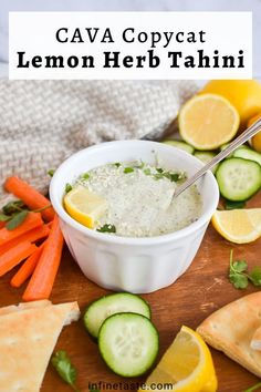 bowl full of tahini sauce with vegetables on side. Lemon Herb Tahini Dressing, Season Mixes, Tahini Dip, Lemon Tahini Sauce, Salad Spinach, Lemon Tahini Dressing, Cold Pasta Salad, Inflammatory Diet