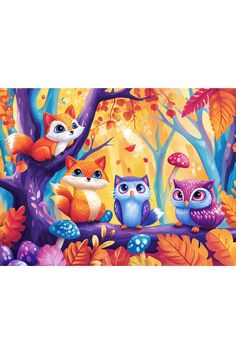 three owls sitting on a tree branch in the woods with leaves and mushrooms around them