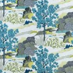 a blue and green wallpaper with trees on it