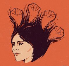 an illustration of a woman with her hair in the air and words written on it