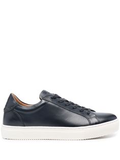 navy blue leather smooth grain panelled design logo-debossed tongue round toe front lace-up fastening branded heel counter branded insole flat rubber sole Sneakers Blue, Design Logo, Blue Leather, Leather Sneakers, Calf Leather, Lace Front, Rubber Sole, Grain, Shoes Sneakers