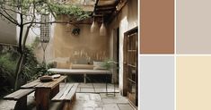 an outdoor area with benches, tables and potted plants in shades of brown, beige, and grey