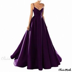 Olivia Mark - Evening Dress with Satin Fabric, Long Straps, Perfect for Hosting Parties and Events Dark Purple Prom Dress, Deep Purple Wedding, Purple Satin Dress, Deep Purple Dress, Dark Purple Dresses, Hosting Parties, Deep V Neck Dress, Princess Skirt, Purple Prom Dress