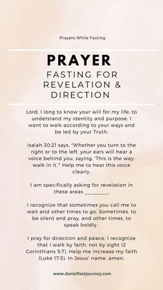 a prayer card with the words prayer, fasting for revaletion and direction