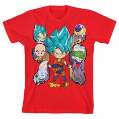 Celebrate the super saiyan heroes with this Dragon Ball Super tee. The shirt features a blue-haired young Goku in the middle. Other characters from the anime, including Beerus, Krillin, and Gohan among others appear on Goku’s white and left. The tee comes in a red short sleeve crew neck and makes a great gift for Dragon Ball Super fans. Size: medium. Gender: male. Age Group: kids. Pattern: Fictitious Character. Material: Cotton. Red T-shirt With Pop Culture Sublimation Print, Red Anime Graphic T-shirt, Red Anime Crew Neck Top, Red Anime T-shirt For Fans, Red Pop Culture T-shirt With Sublimation Print, Superhero Character Print T-shirt For Fan Conventions, Pop Culture Character Print T-shirt For Fans, Red Superhero T-shirt With Character Print, Superhero Character Print Red T-shirt