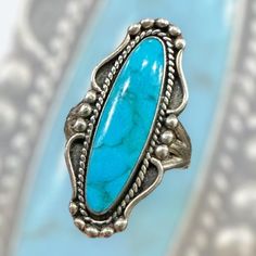 Sterling silver & turquoise ring | size 7 Western Silver Turquoise Ring Stamped 925, Sterling Silver Turquoise Ring Collectible, Sterling Silver Turquoise Ring For Collectors, Collectible Sterling Silver Turquoise Ring, Collectible Turquoise Cabochon Ring, Classic Turquoise Ring Stamped 925, Collectible Silver Turquoise Cabochon Ring, Western Style Stamped 925 Turquoise Ring, Western Style Collectible Turquoise Ring