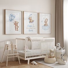 a baby's room with teddy bears on the wall and other items in front of it