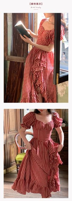 Tavimart French Vintage Plaid Dresses Summer Puff Sleeve Square Collar – tavimart