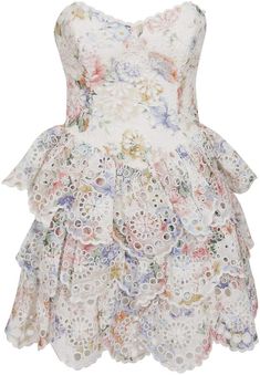 Zimmermann Bowie Ruffle Dress Floral Print Tiered Dress For Garden Party, Strapless Garden Party Dress With Ruffles, Strapless Ruffled Dress For Garden Party, Tiered Floral Dress For Garden Party, Feminine Floral Print Ruffle Dress With Ruffled Straps, White Floral Print Ruffle Dress For Garden Party, Multicolor Floral Print Tiered Dress, Spring Ruffle Dress With Sweetheart Neckline, White Ruffled Tiered Dress For Garden Party