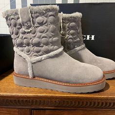 Boots Only Tried On Once. Perfect Condition. Warm Fuzzy Liner, Grey Suede. Coach Boots, Grey Suede, Leather Hobo Bag, Gray Suede, Coach Shoes, Winter 2024, Leather Hobo, Hobo Bag, Chuck Taylors