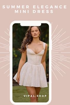 a woman in a white dress with the words summer elegance mini dress