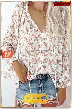 Floral Print Flares Sleeve Blouse Fall Non-stretch Blouse, Non-stretch Long Sleeve Beach Blouse, Non-stretch Long Sleeve Summer Blouse, Non-stretch Long Sleeve Blouse For Beach, Non-stretch Printed White Blouse, Flowy V-neck Spring Blouse, White Printed Non-stretch Blouse, White Non-stretch Spring Blouse, Non-stretch Floral Print Top For Fall