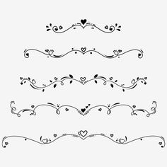 a set of hand drawn swirls with hearts and scrolls on the edges, in black against a white background