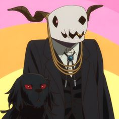 a man in a suit and tie with a demon on his shoulder next to him