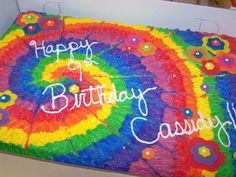 a colorful birthday cake with the words happy pf birthday casserole written on it